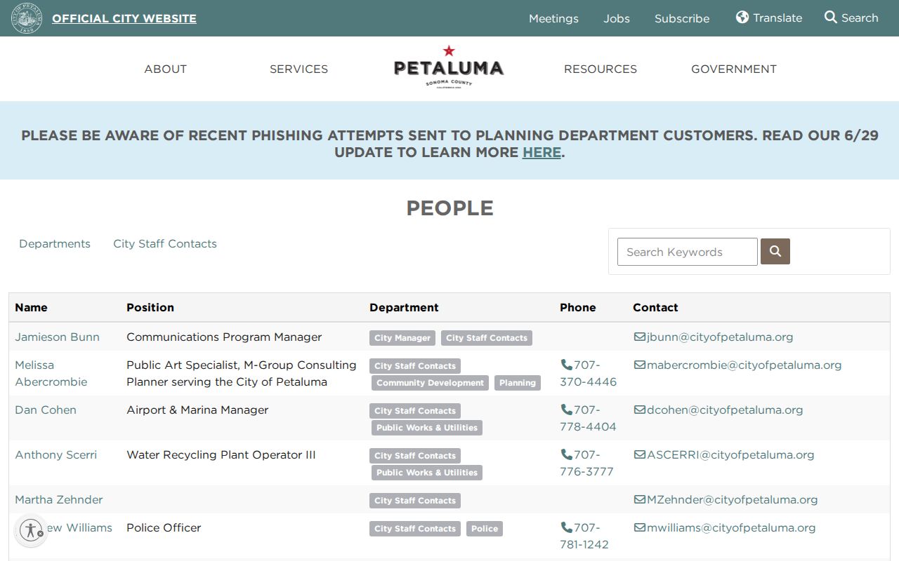 Petaluma people search in the city staff records directory