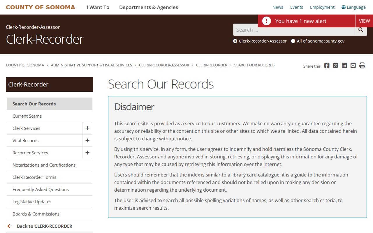 Petaluma records search page for Sonoma County filings