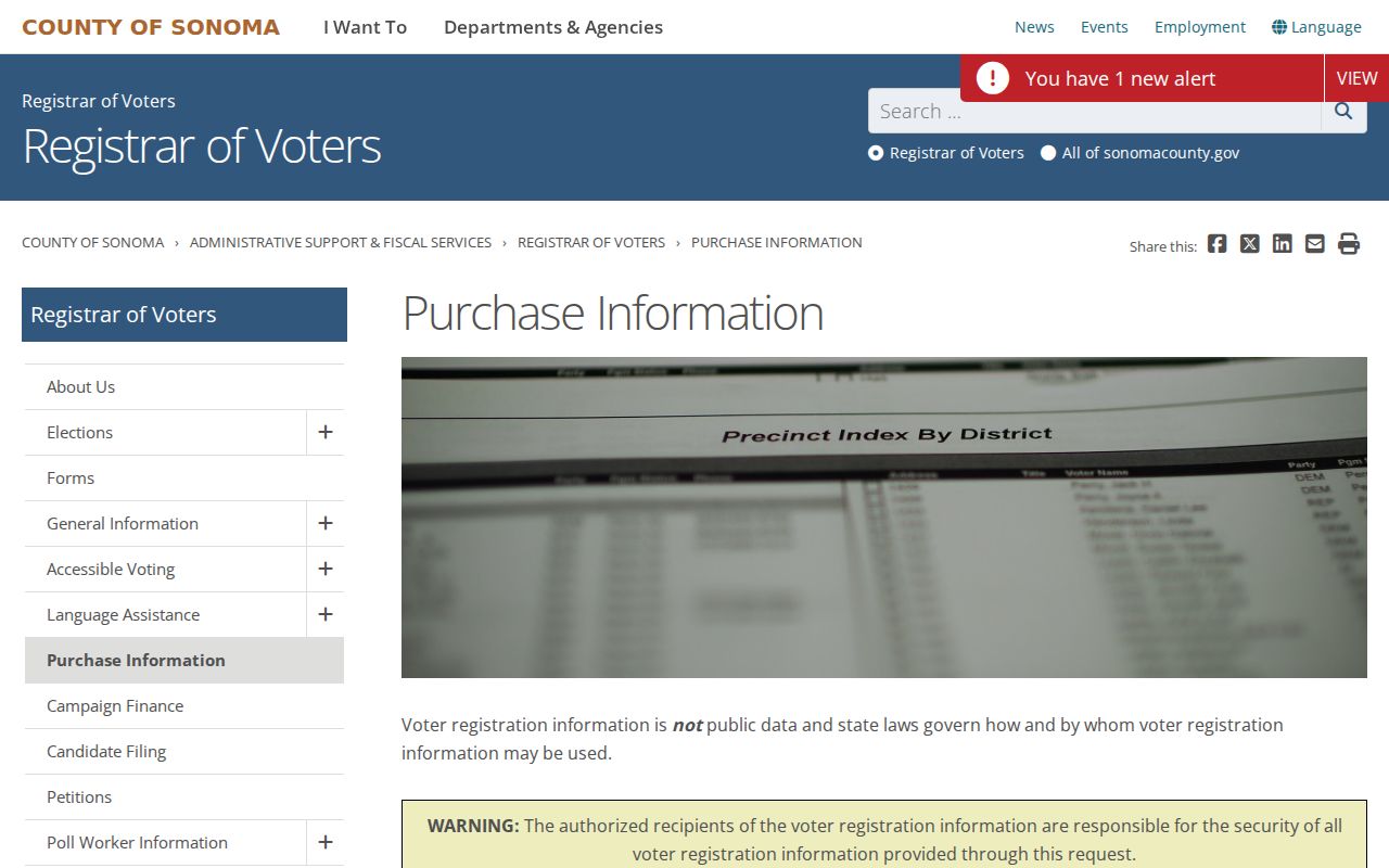 Petaluma voter registration Sonoma County data purchase rules